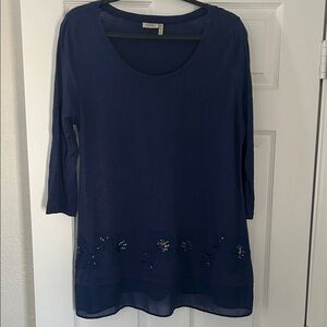 LOGO by Lori Goldstein Deep Blue Tunic with Floral Embellishments